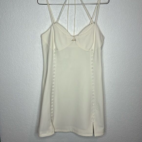 NWT SIMKHAI Eilish button-embellished crepe halterneck mini dress Ivory Size 12 - Picture 2 of 15